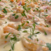Strogonoff de camarão com champignon, arroz branco e batata  palha caseira